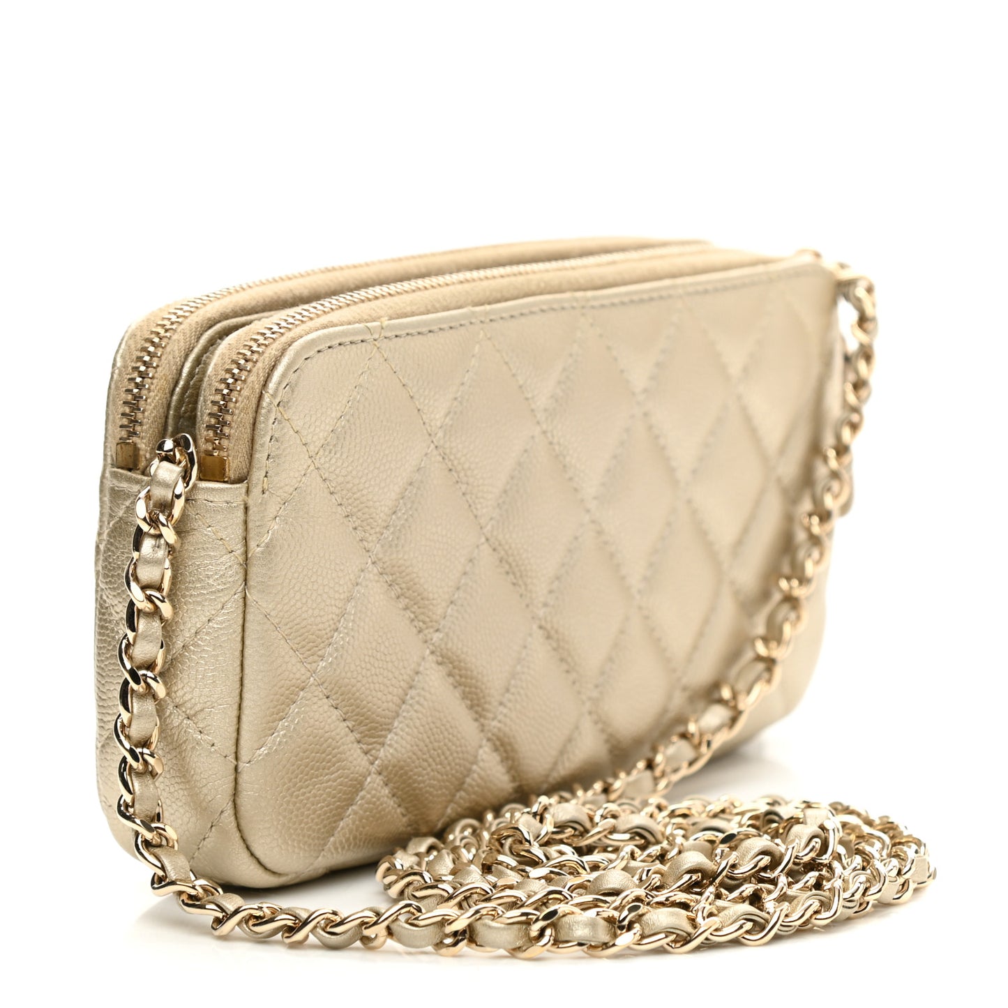 Metallic Caviar Quilted Small Clutch With Chain Gold