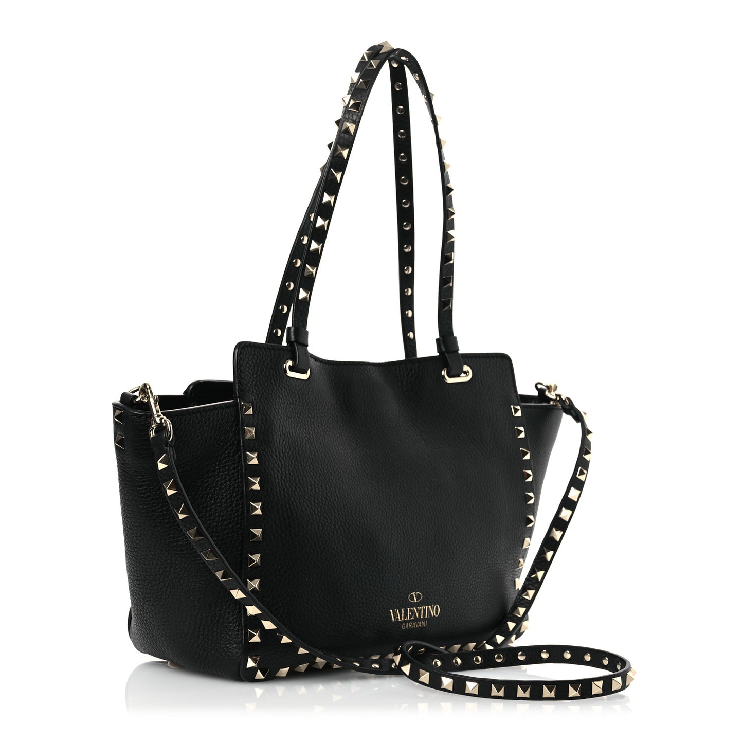 Grained Calfskin Small Rockstud Tote Black