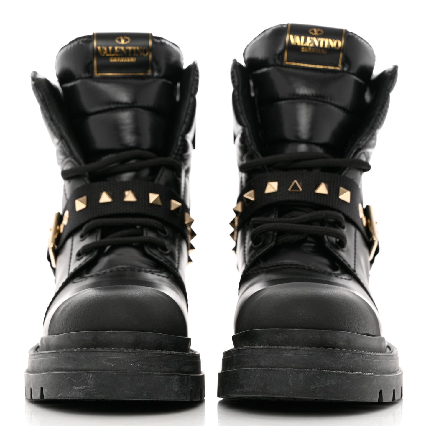 Calfskin Nylon Quilted Waterproof Rockstud Combat Boots 35.5 Black
