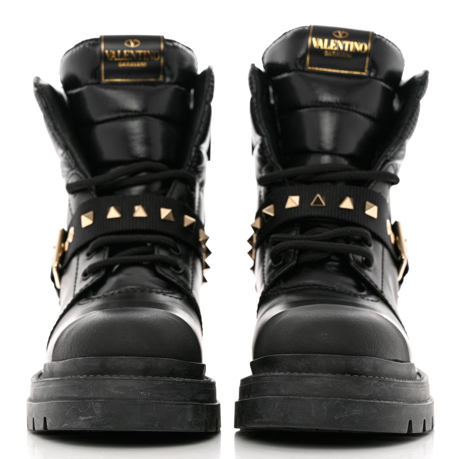 Valentino Garavani Calfskin Nylon Quilted Waterproof Rockstud Combat Boots 35.5 Black 2 of 10