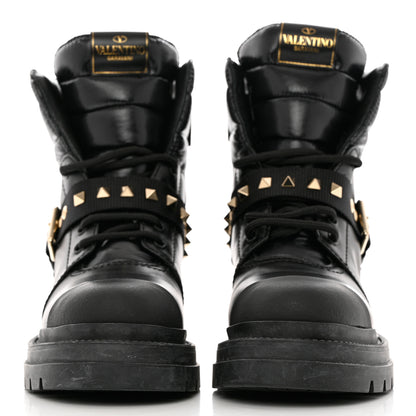Valentino Garavani Calfskin Nylon Quilted Waterproof Rockstud Combat Boots 35.5 Black 2 of 10
