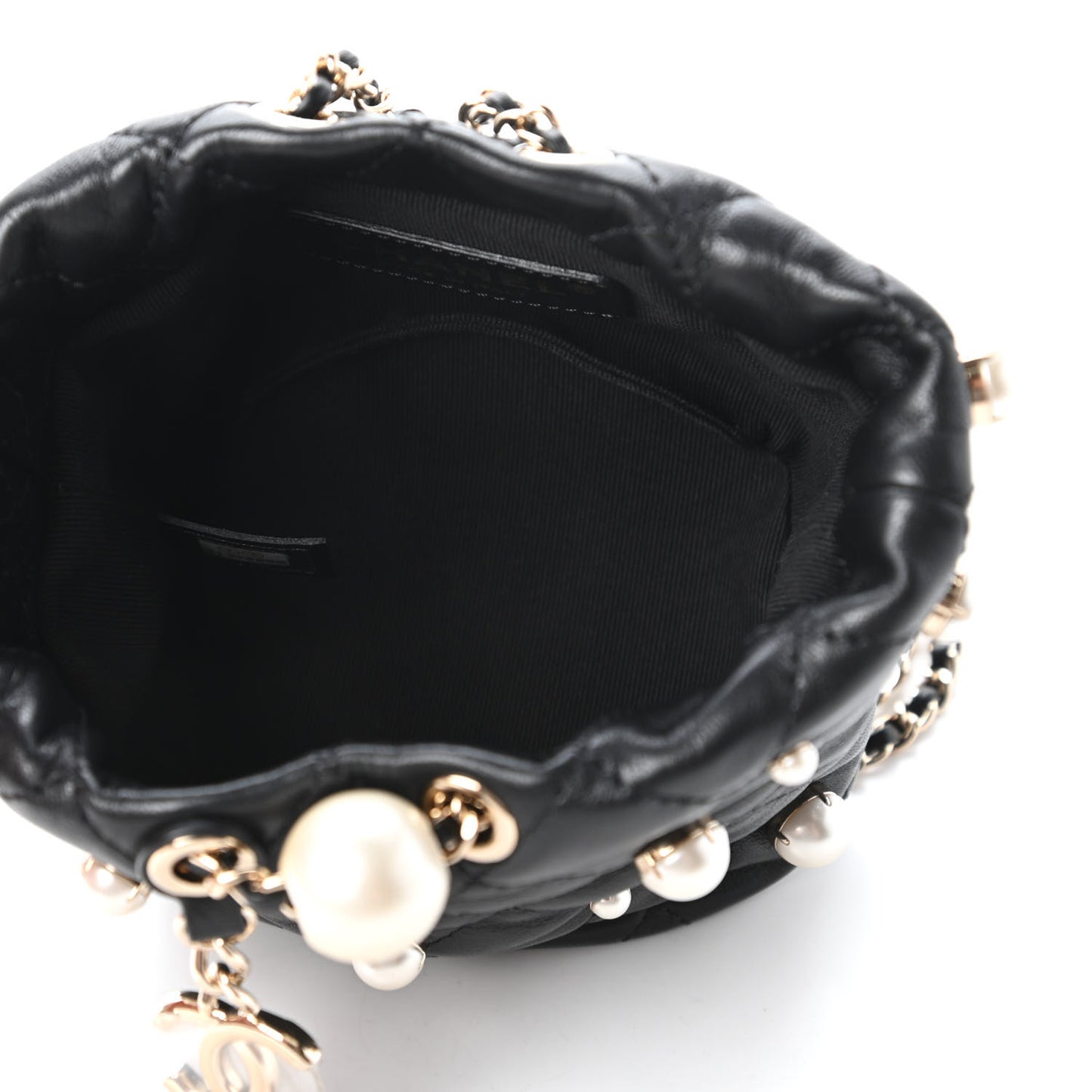 Lambskin Quilted Pearl Mini About Pearls Drawstring Bag Black