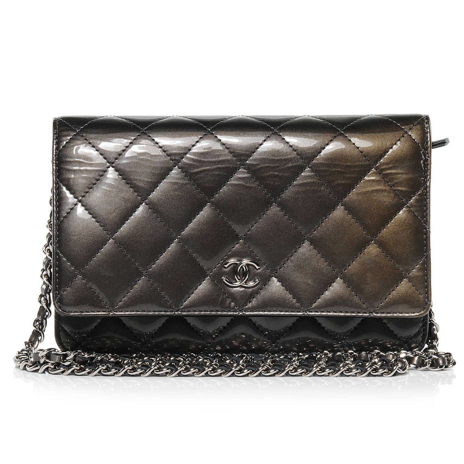 Chanel Patent Quilted Wallet On Chain WOC Dark Grey 1 of 7