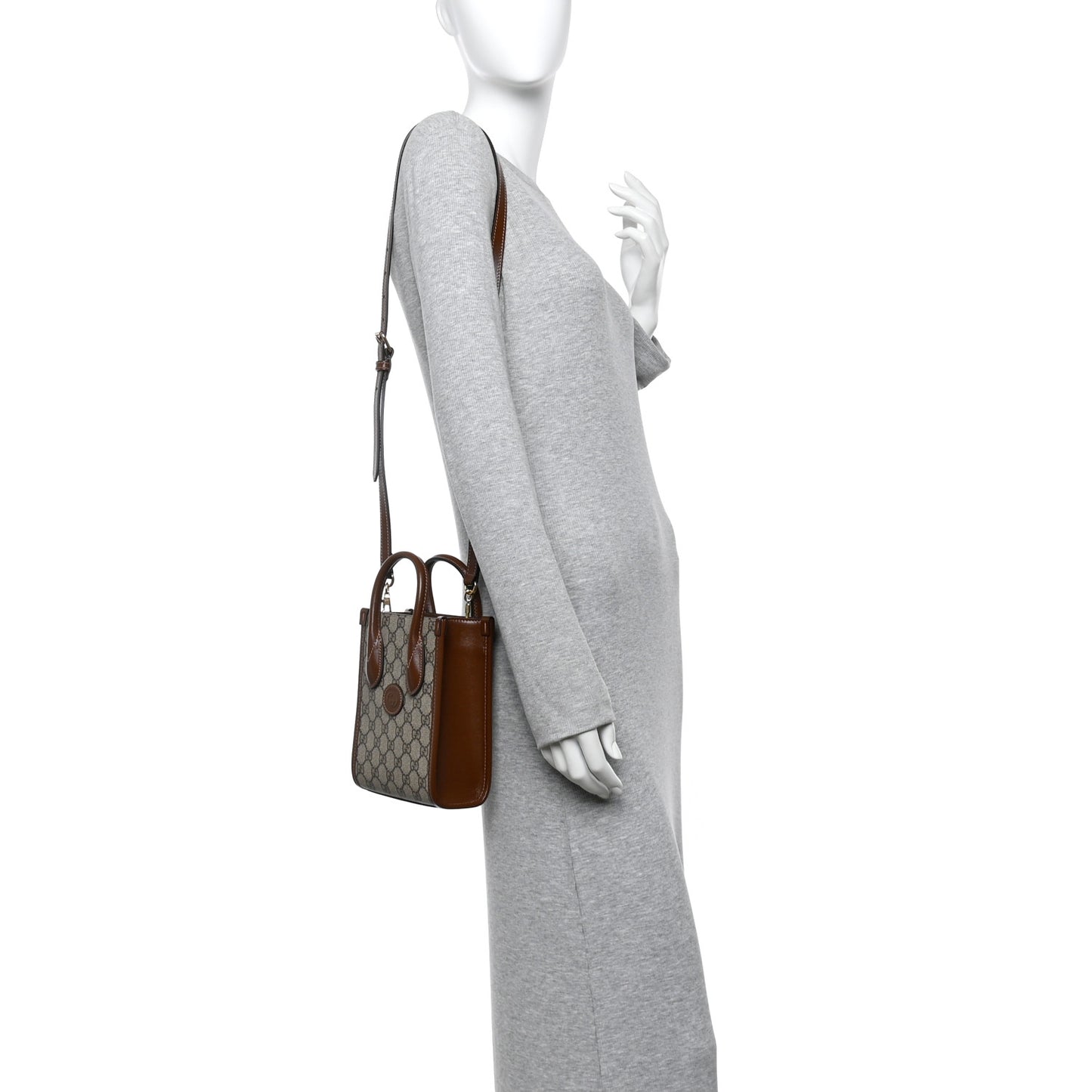 GG Supreme Monogram Azalea Calfskin Mini Retro Interlocking G Tote Bag Beige Ebony Brown Sugar