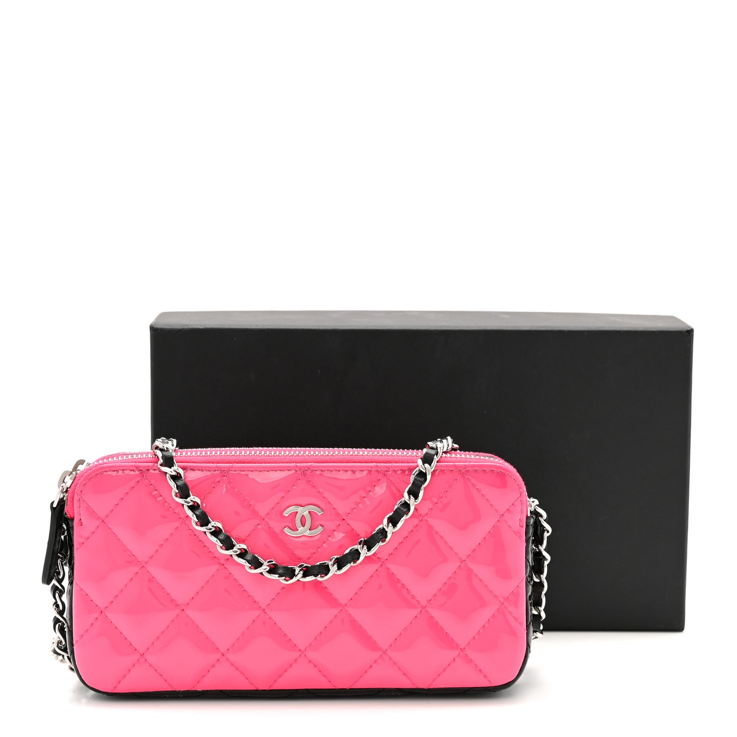 Patent Quilted Small Clutch With Chain Pink Black