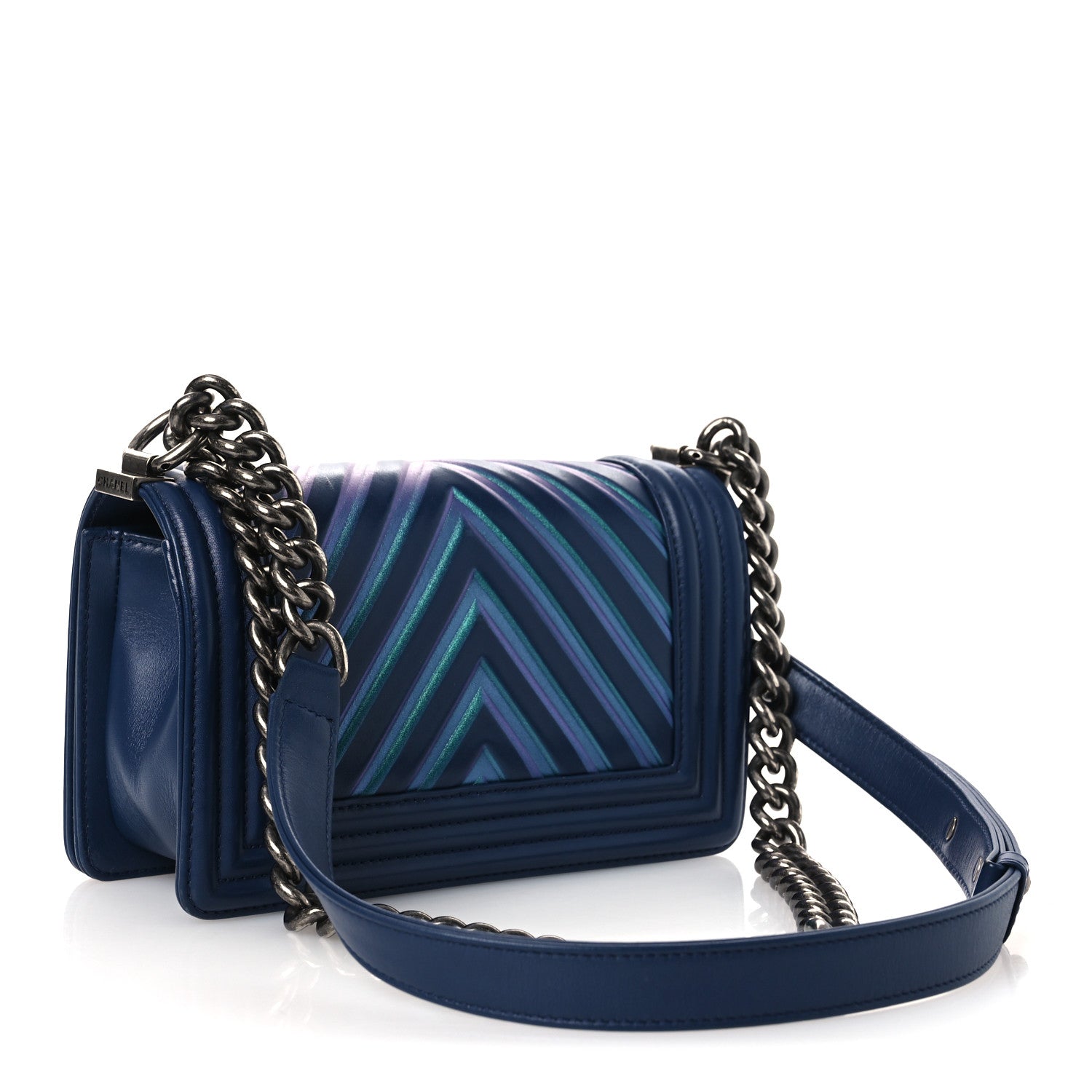Chanel Calfskin Painted Chevron Embossed Small Boy Flap Dark Blue 3 of 11