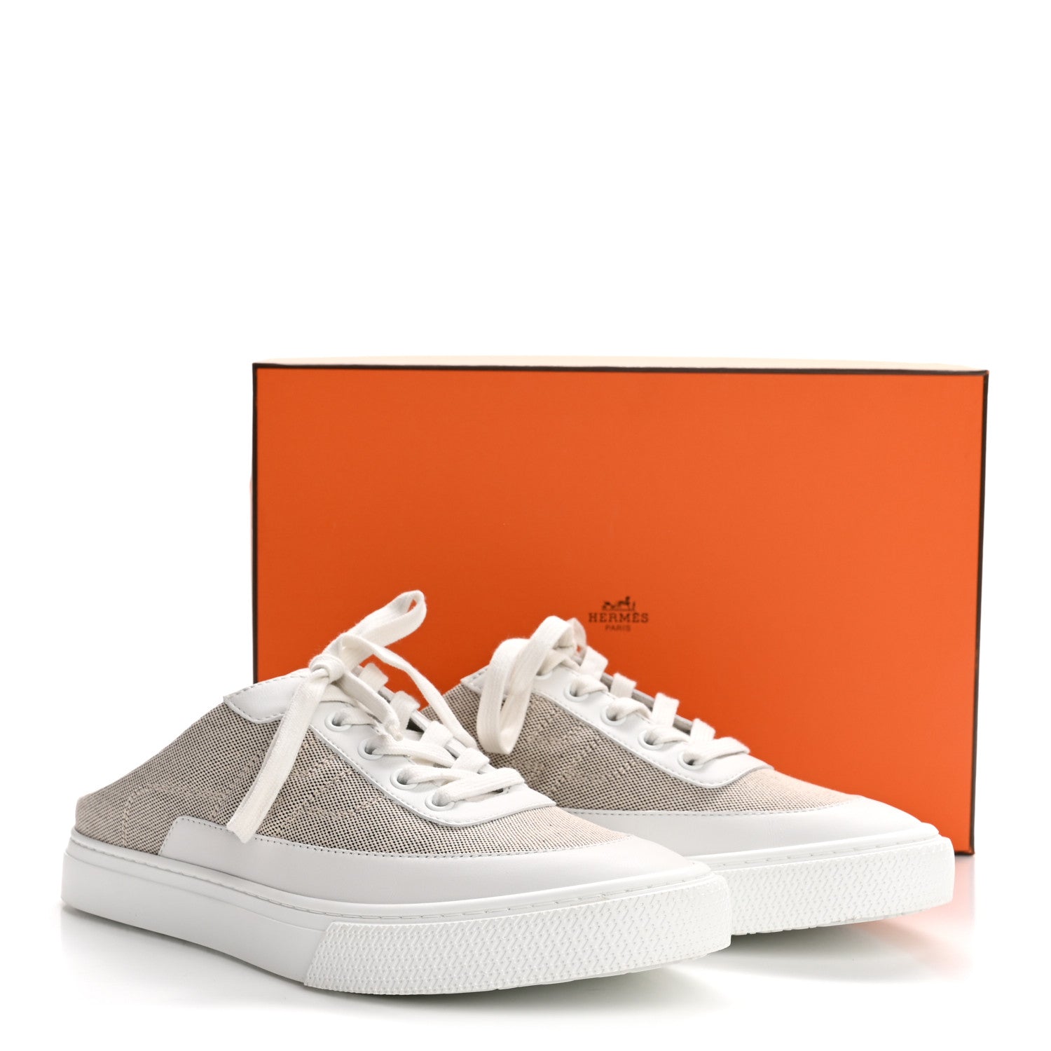 Hermes Calfskin H Canvas Keep Mule Sneakers 39 Prunoir White
