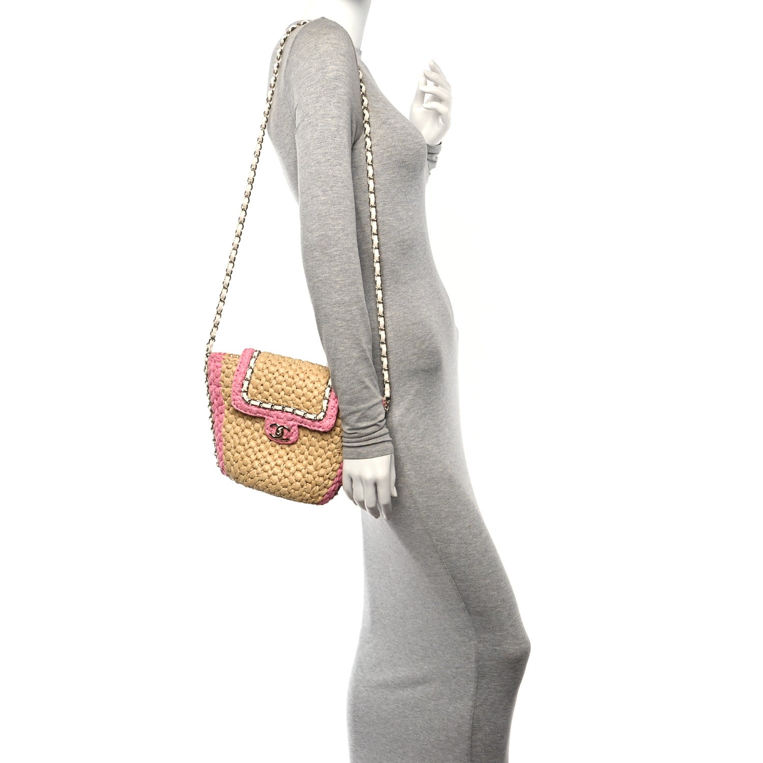 Chanel Raffia Chain Venice Beach Basket Flap Bag Beige Pink 2 of 12