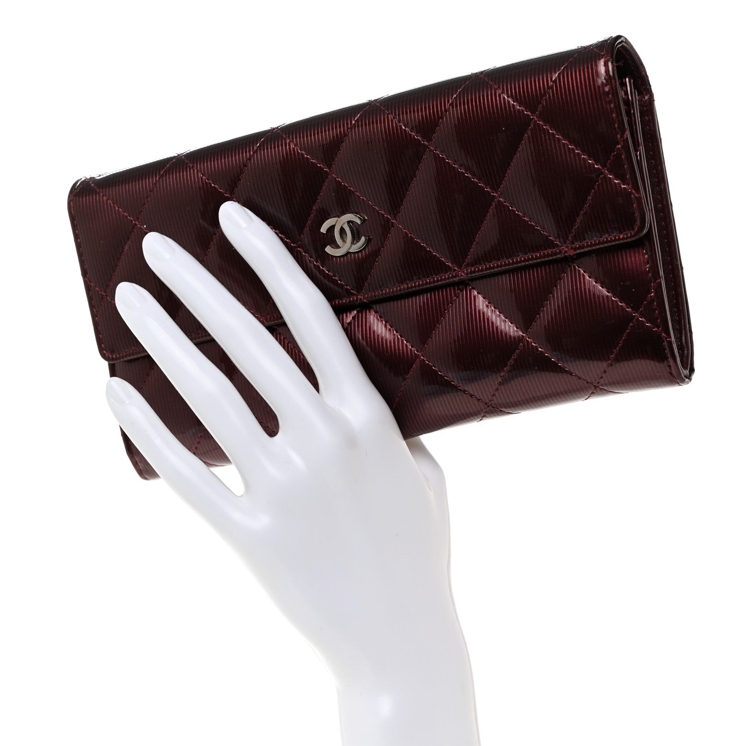 Chanel Striated Patent Quilted Large Gusset Flap Wallet Bordeaux 2 of 8