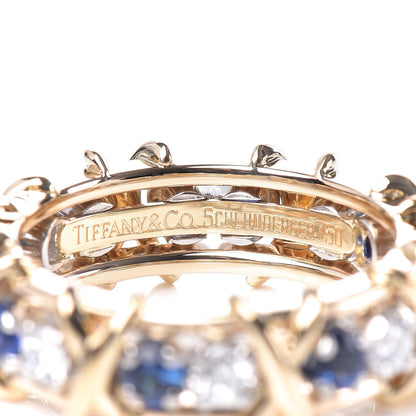 Tiffany 18K Yellow Gold Platinum Blue Sapphire Diamond Schlumberger Sixteen Stone Ring 52 6 5 of 5
