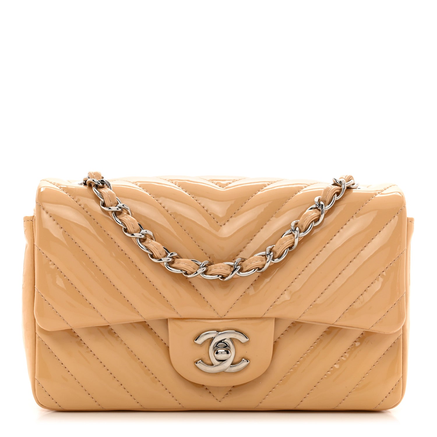 Chanel Patent Chevron Quilted Mini Rectangular Flap Beige 1 of 11