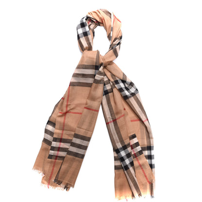 Burberry Wool Silk Giant Check Lightweight Scarf Camel 1 of 6