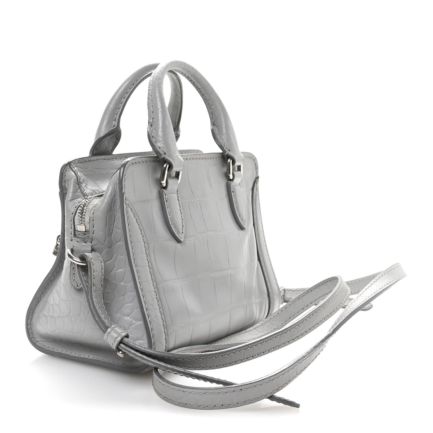 Calfskin Crocodile Embossed Mini Skull Padlock Zip Around Tote Grey