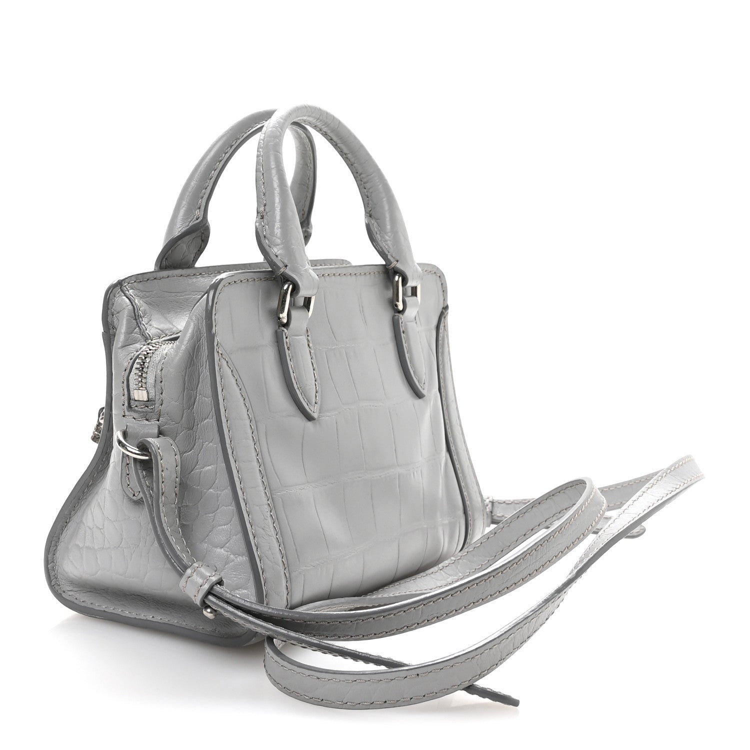 Alexander McQueen Calfskin Crocodile Embossed Mini Skull Padlock Zip Around Tote Grey 3 of 11