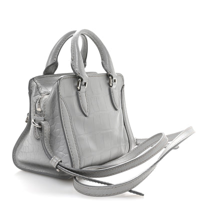 Alexander McQueen Calfskin Crocodile Embossed Mini Skull Padlock Zip Around Tote Grey 3 of 11