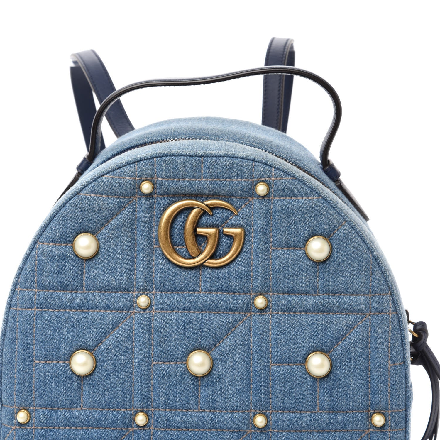 Gucci Kura Denim Matelasse Cubic Pearl Studded GG Marmont Dome Backpack Blue 9 of 9