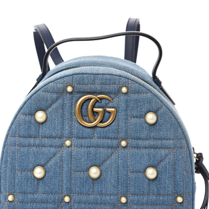 Gucci Kura Denim Matelasse Cubic Pearl Studded GG Marmont Dome Backpack Blue 9 of 9