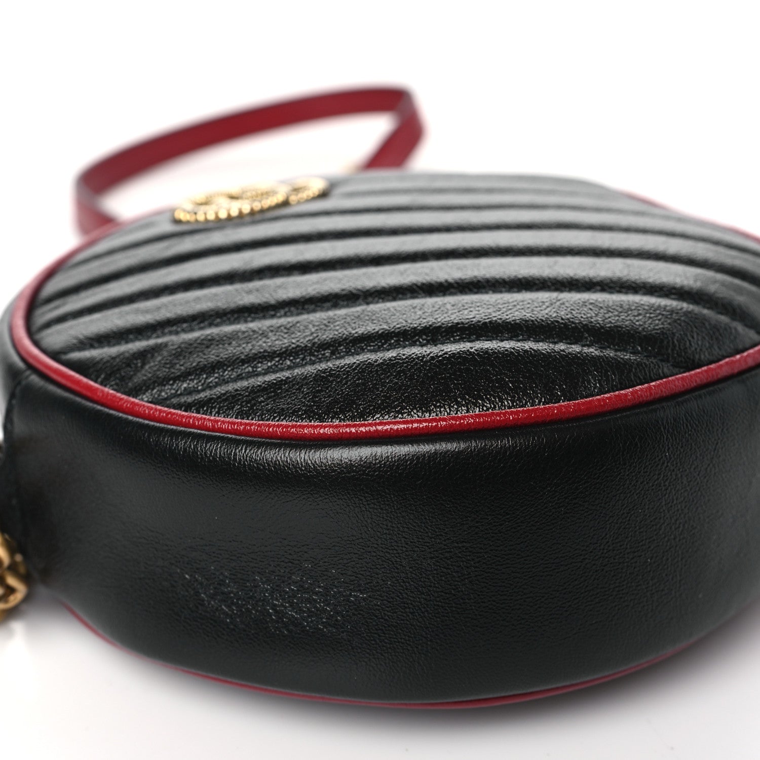 Gucci Vintage Effect Calfskin Matelasse Diagonal Mini Torchon GG Marmont Round Shoulder Bag Black Romantic Cherry 9 of 10