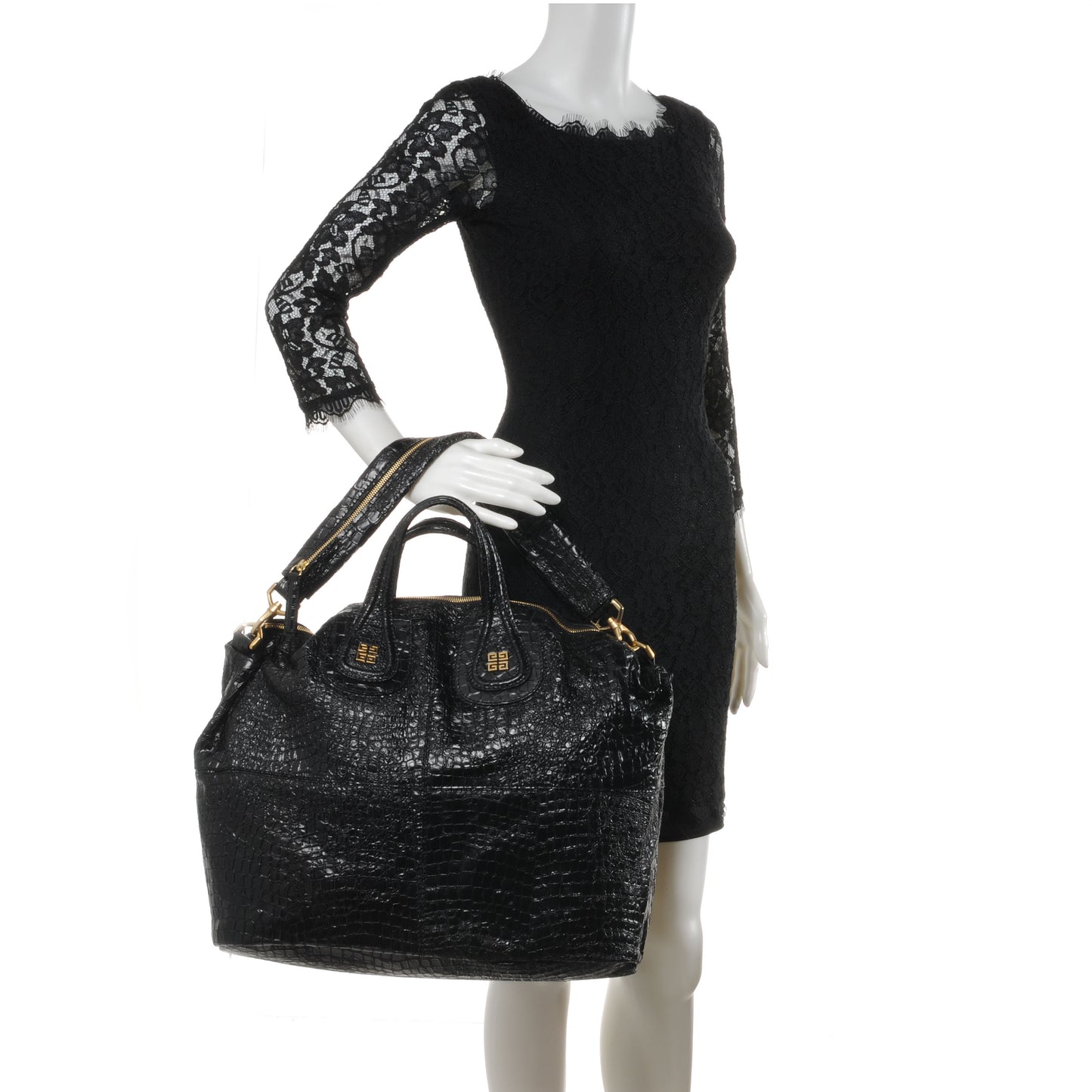 Calfskin Crocodile Embossed Large Nightingale Black