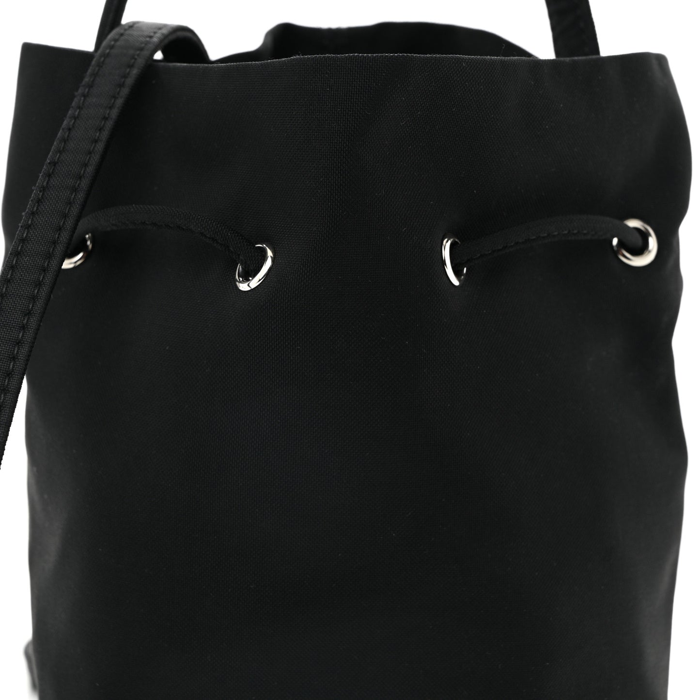 Recycled Sport Nylon Logo Embroidered Wheel Drawstring Bucket Bag Black White