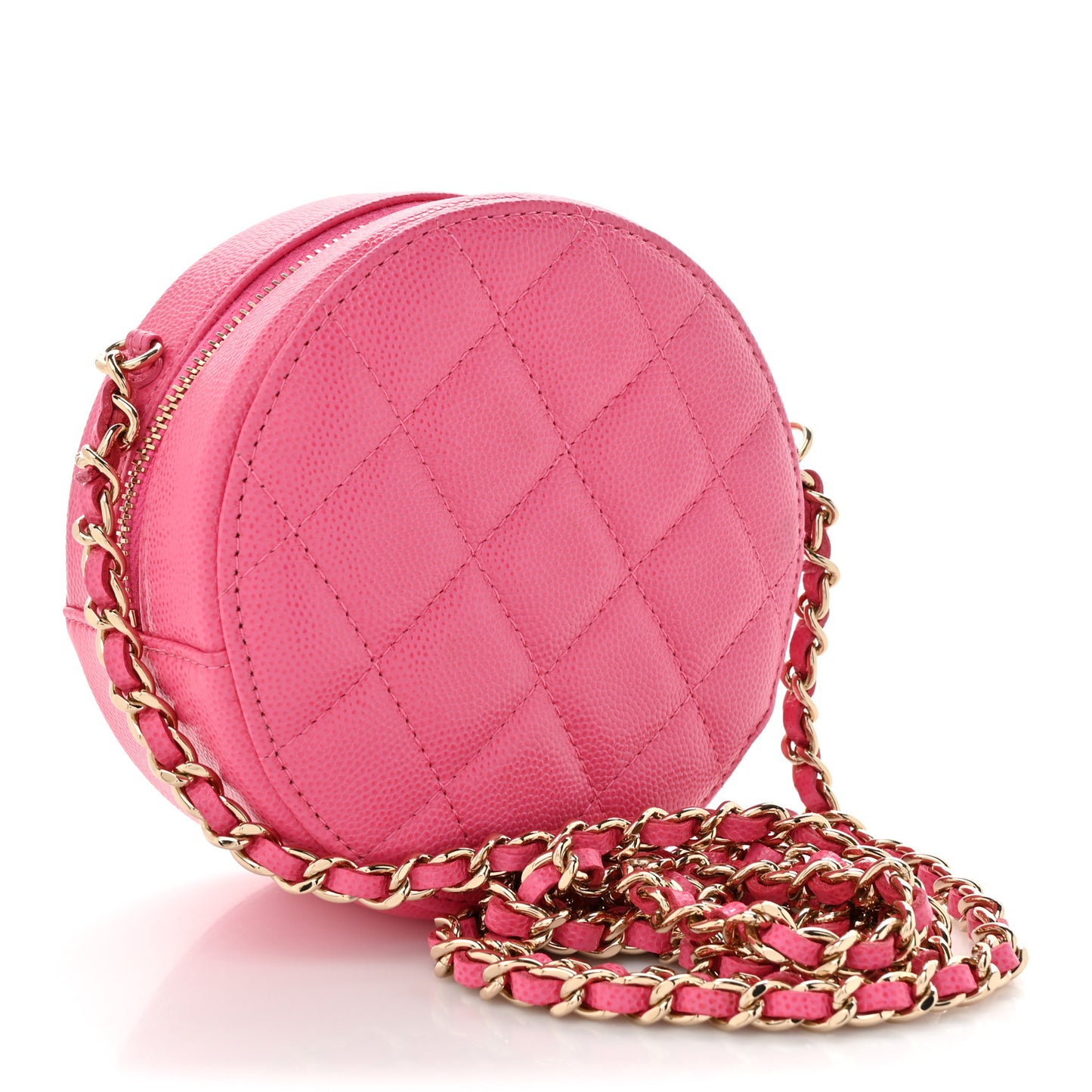 Caviar Quilted Round Clutch With Chain Pink