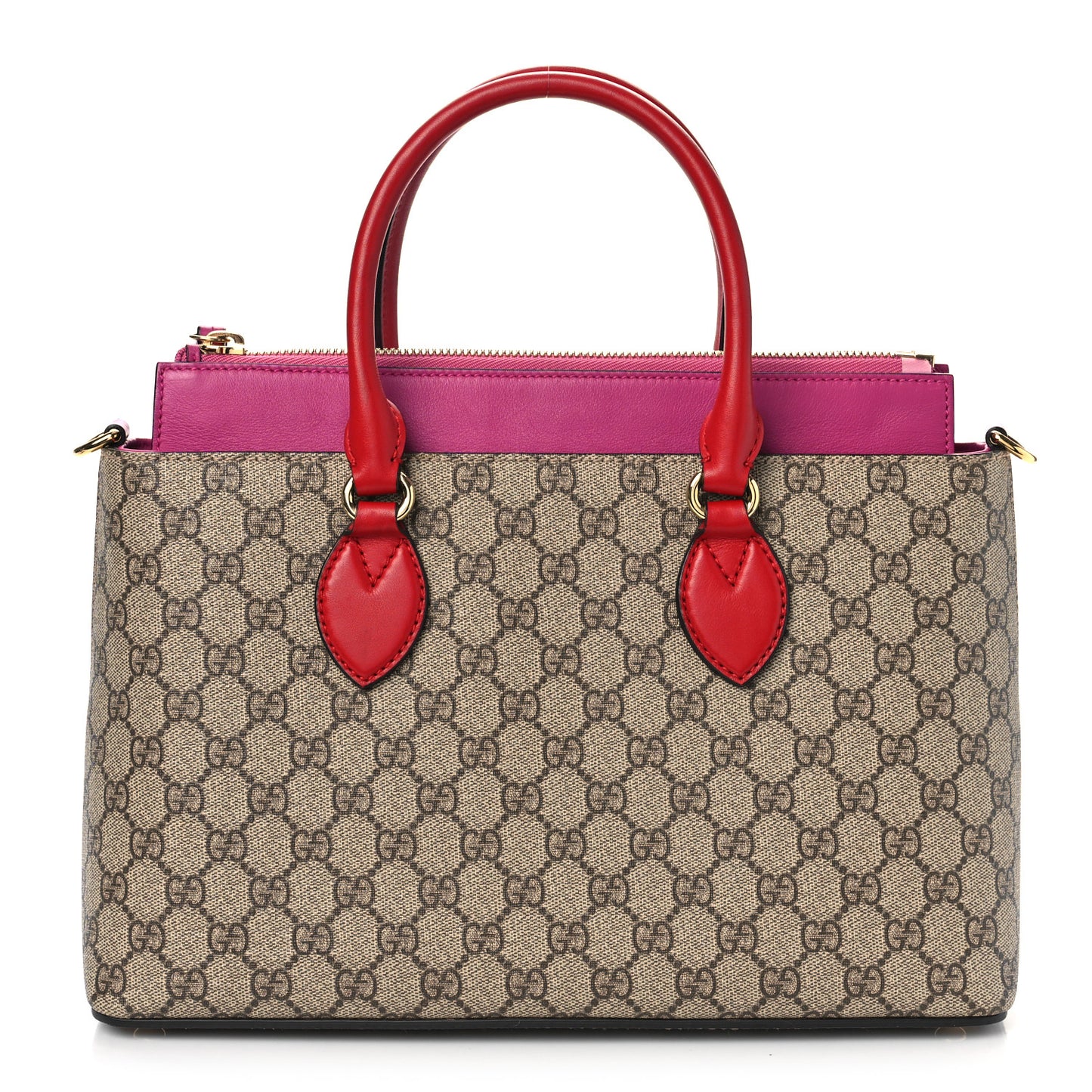 GG Supreme Monogram Moon Calfskin Small Zip Top Tote Beige Ebony Hibiscus Red New Rosette