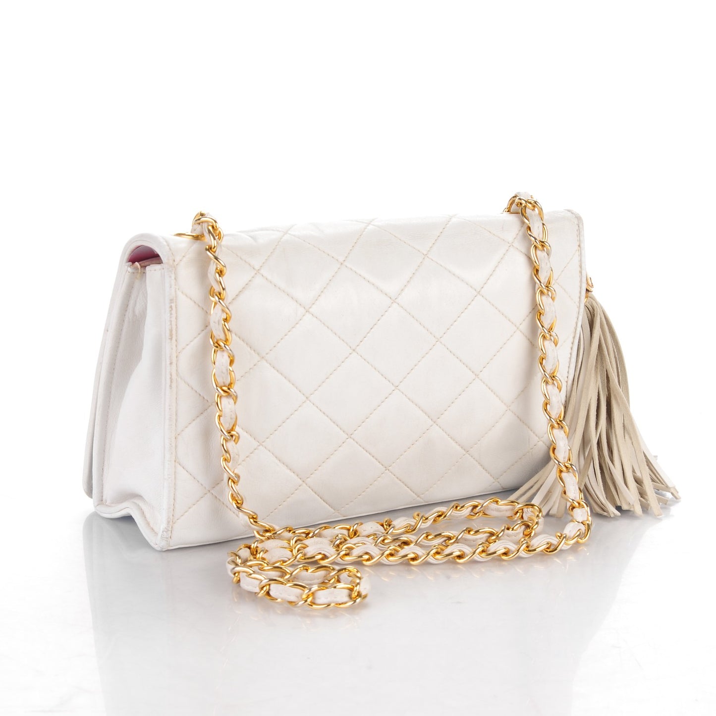 Lambskin Quilted Small Tassel Single Flap White
