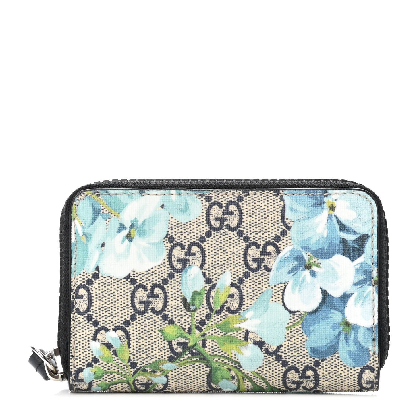GG Supreme Monogram Blooms Zip Around Card Case Wallet Beige Blue Navy