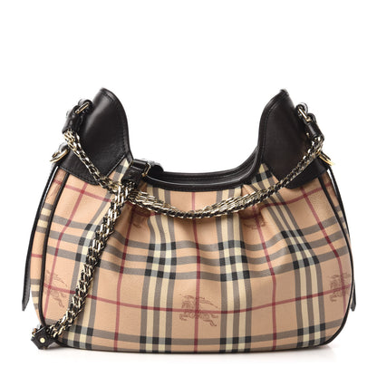 Burberry Calfskin Haymarket Check Chain Strap Hobo Chocolate Brown 1 of 10
