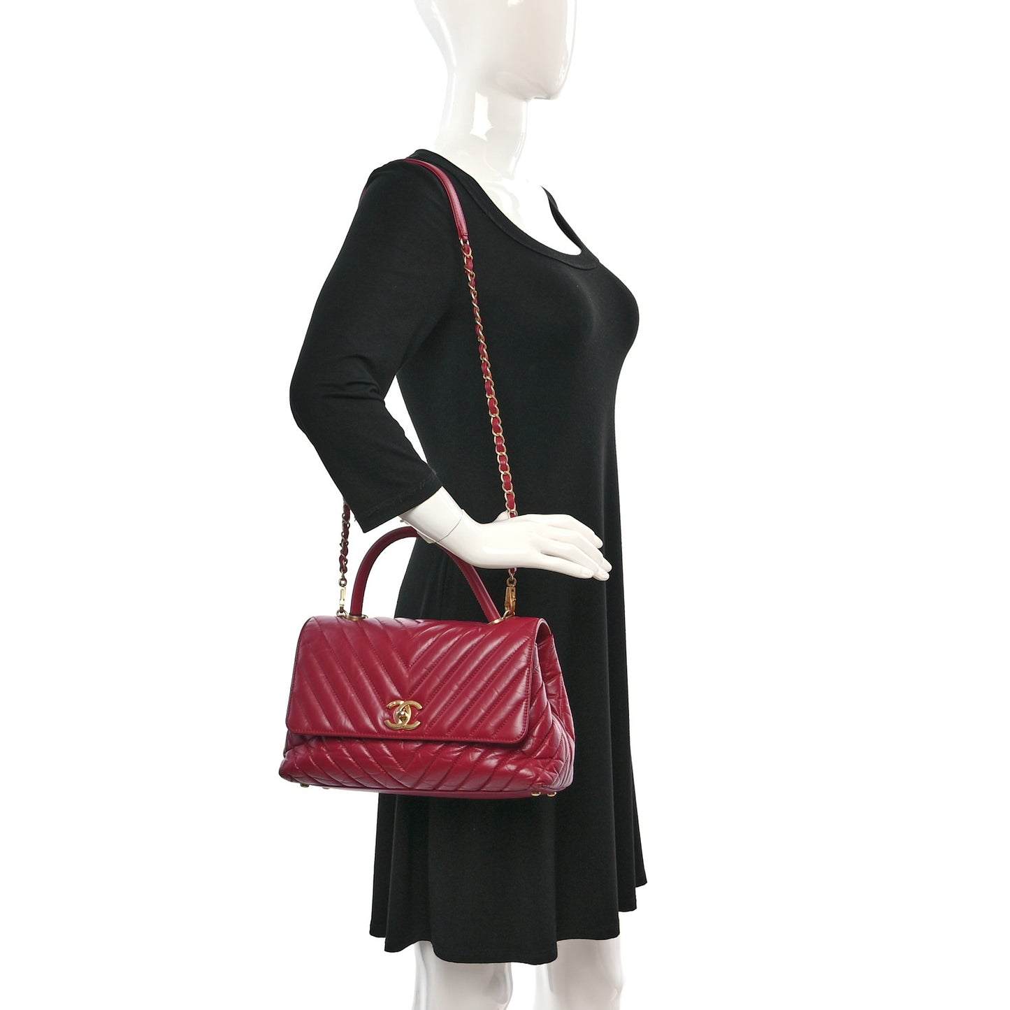 Calfskin Chevron Quilted Small Coco Handle Flap Dark Fuchsia