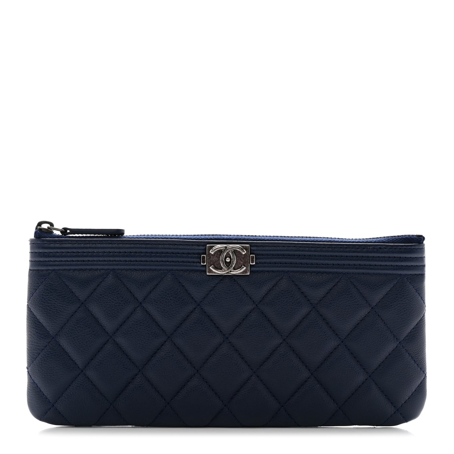 Lambskin Quilted Small Boy Zipped Pouch Navy