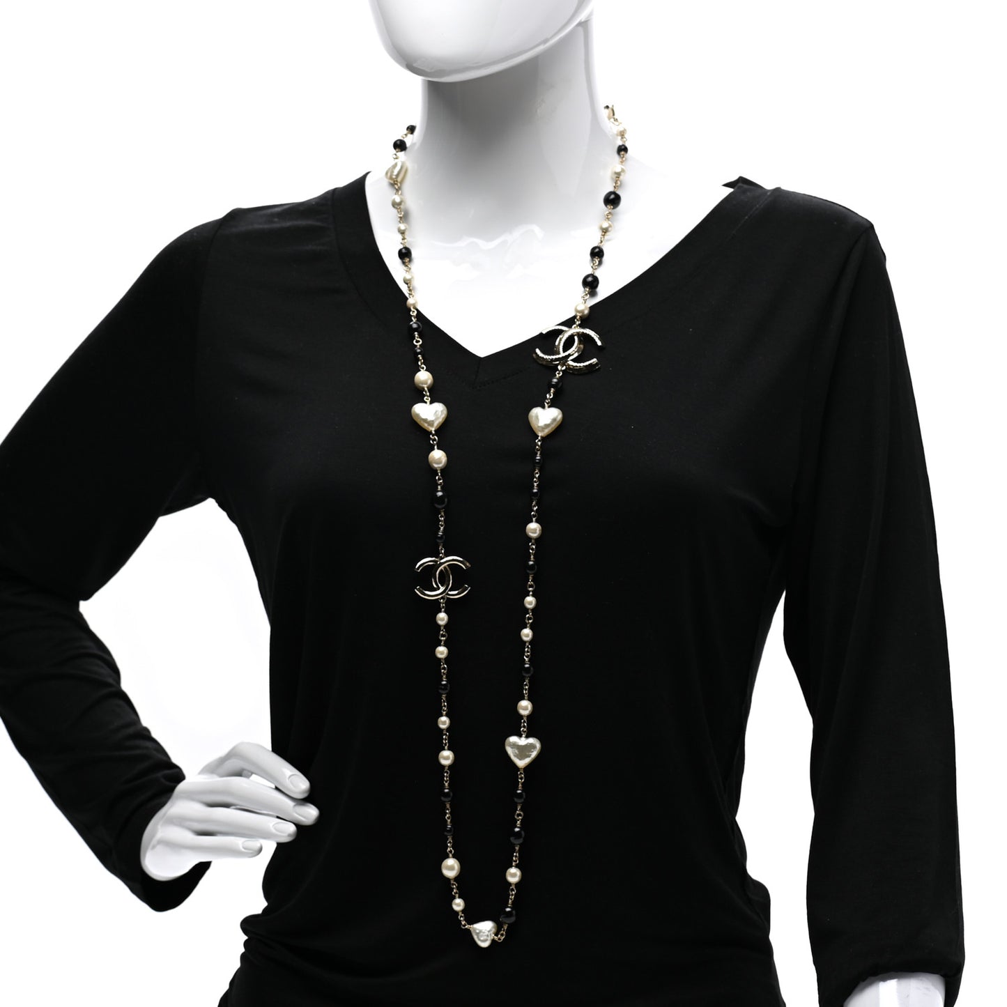Pearl Bead Heart CC Long Necklace Gold Black