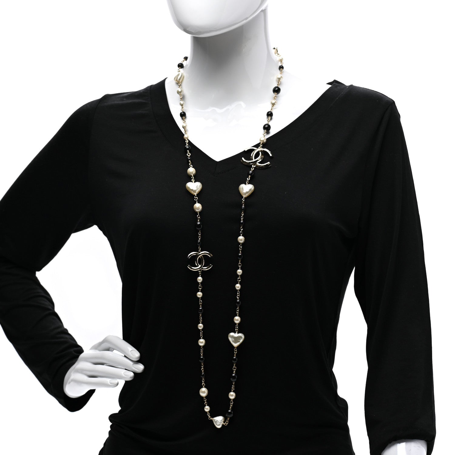 Chanel Pearl Bead Heart CC Long Necklace Gold Black 2 of 7