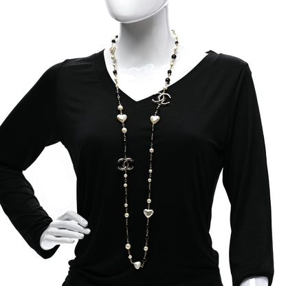 Chanel Pearl Bead Heart CC Long Necklace Gold Black 2 of 7