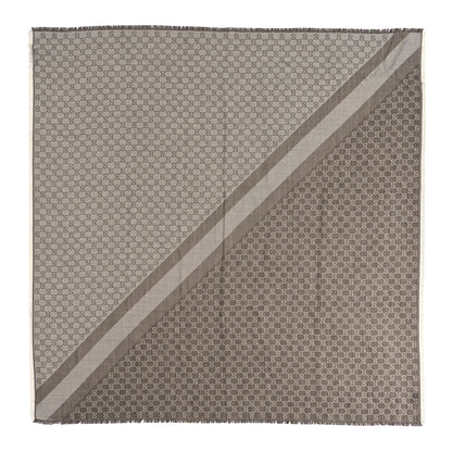 Gucci Wool Silk Monogram GGWeb Fringe Shawl Bitume Ivory 1 of 3
