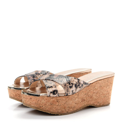 Jimmy Choo Snakeskin Prima Cork Wedge Sandals 37 Natural 3 of 10