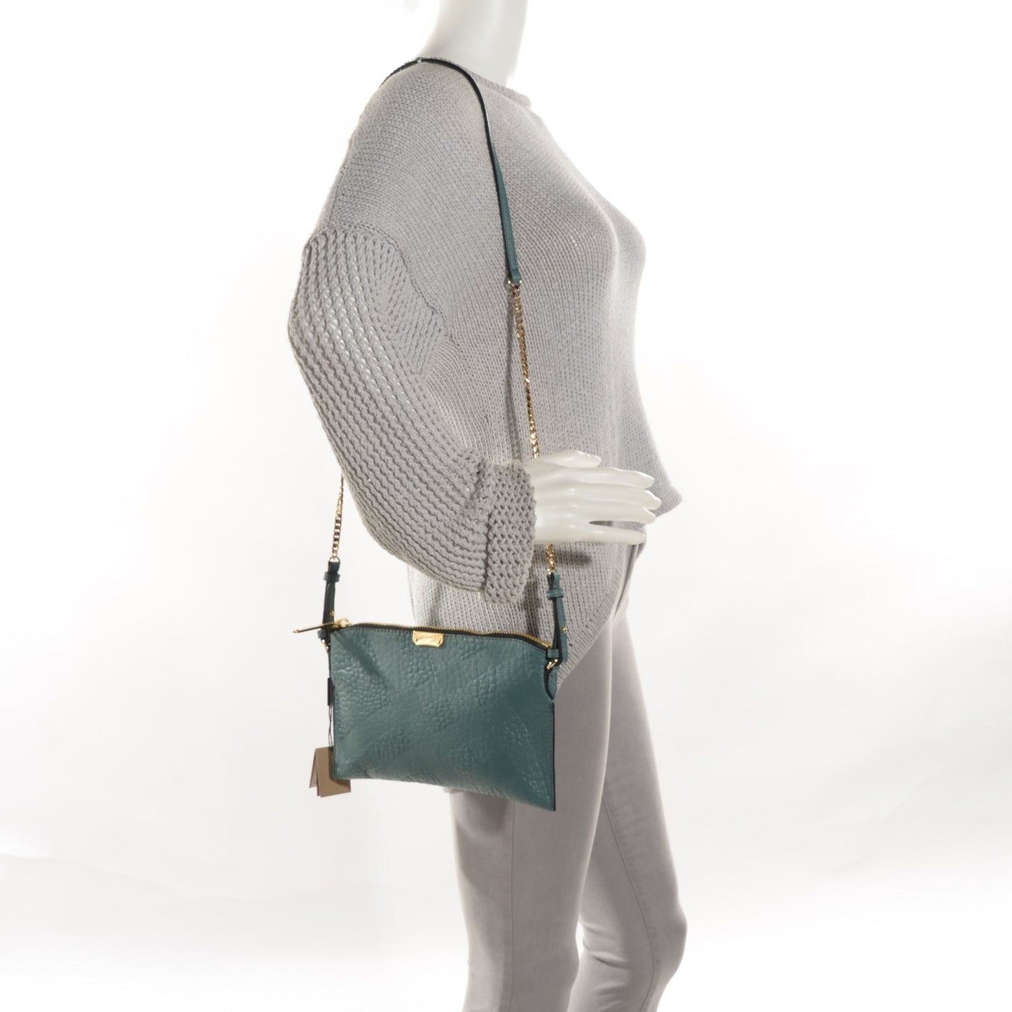 Signature Grain Calfskin Check Embossed Peyton Crossbody Clutch Bag Celadon Blue