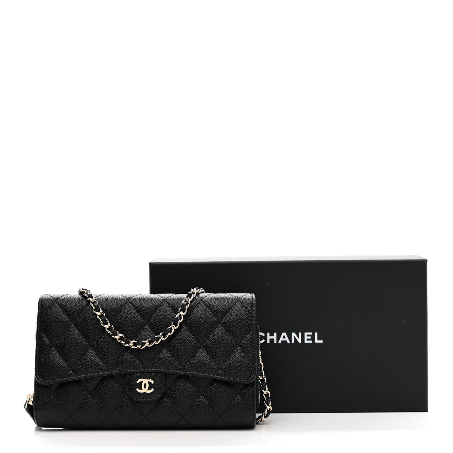 Caviar Quilted Phone Holder Wallet on Removable Chain Black