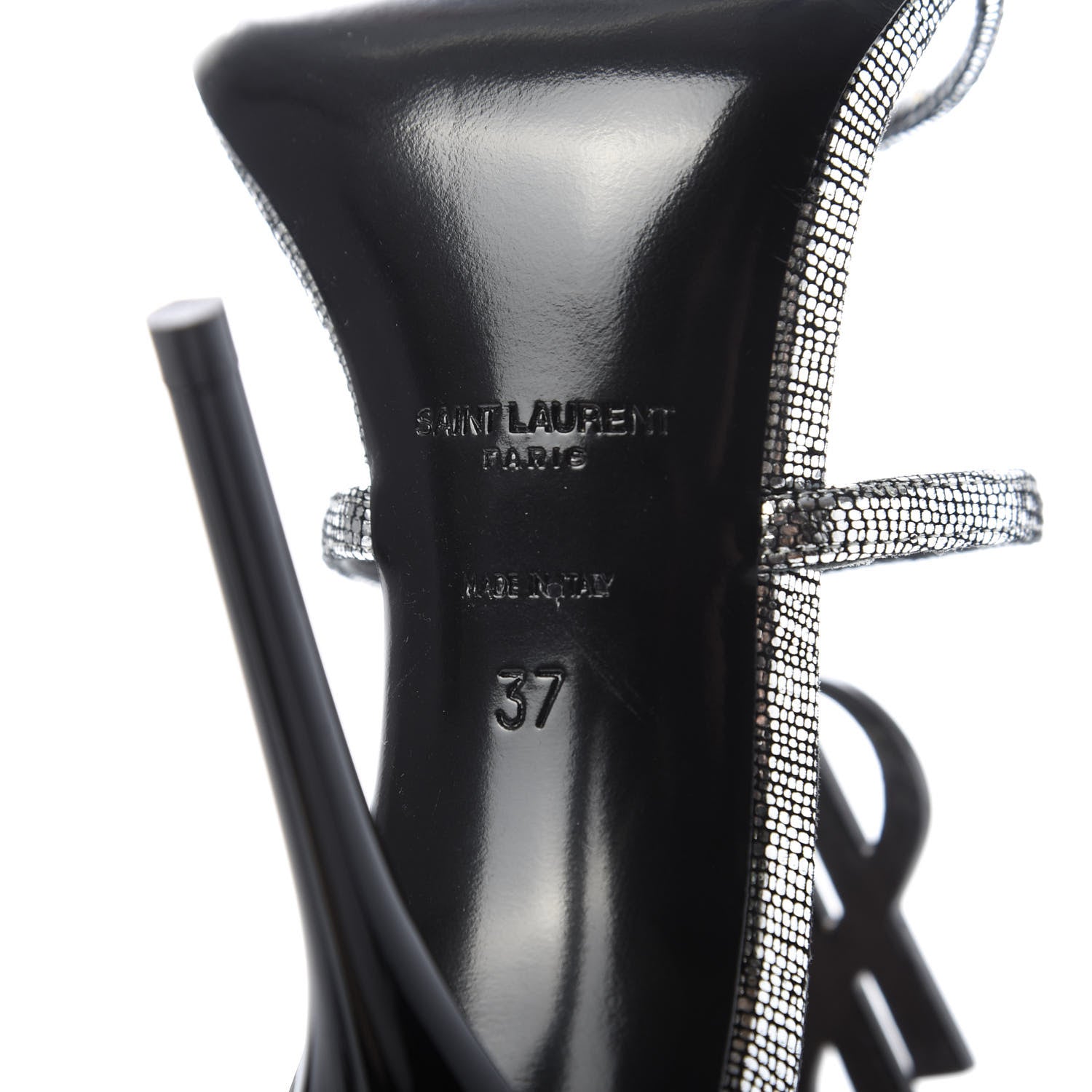 Saint Laurent Metallic Calfskin Cassandra 110 Ankle Strap Sandals 37 Argento 8 of 11