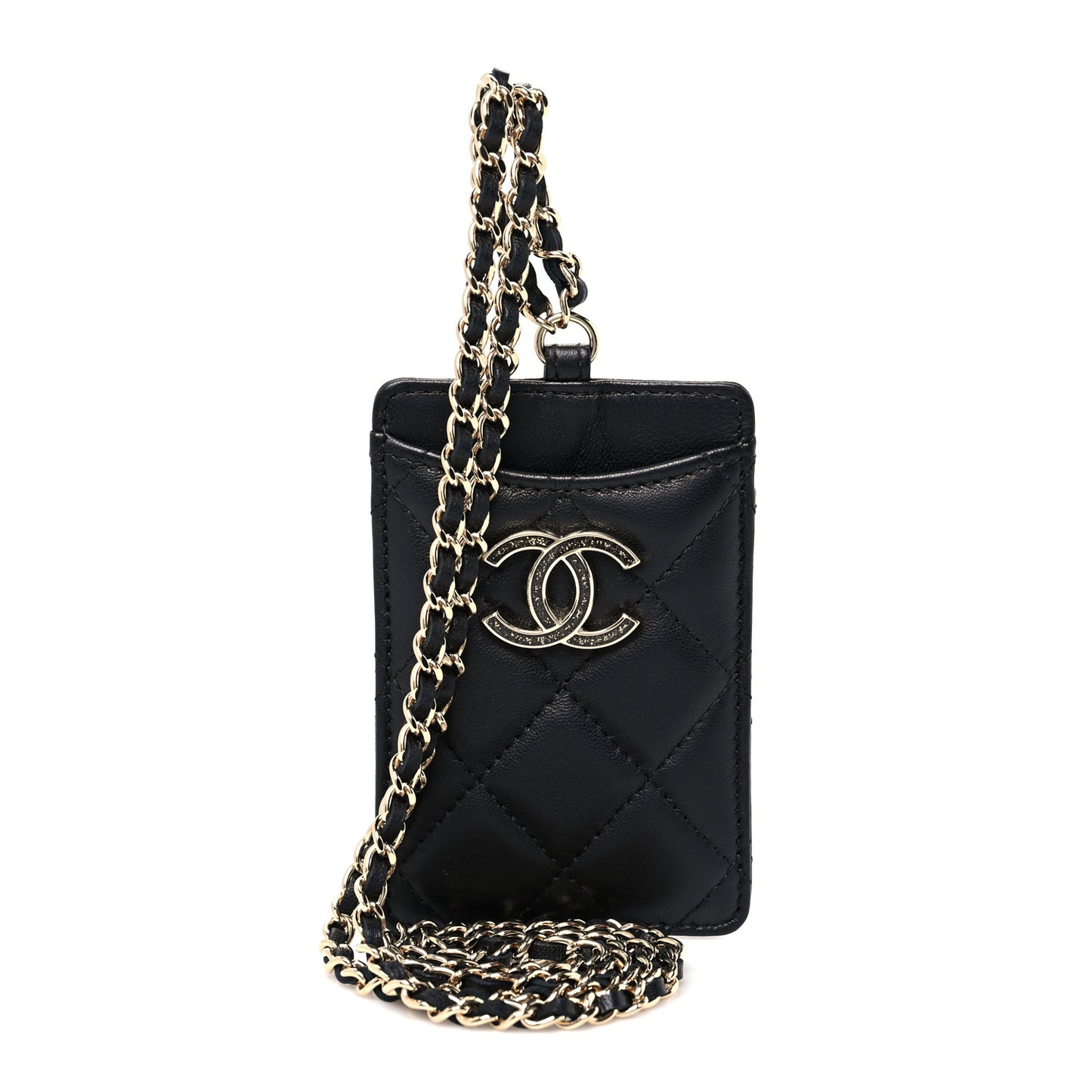 Lambskin Quilted Glitter Card Holder On Chain Black