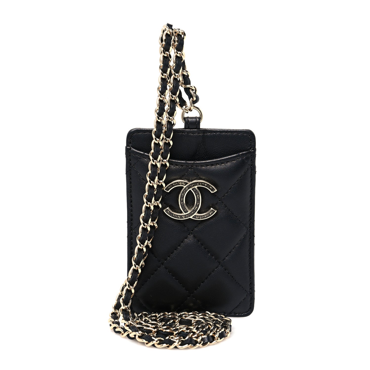 Chanel Lambskin Quilted Glitter Card Holder On Chain Black 1 of 6