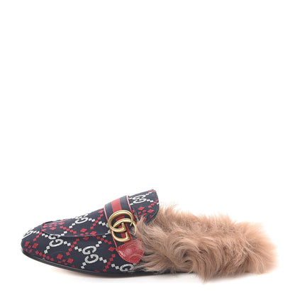 Gucci Canvas GG Monogram Diamond Fur Web GG Mens Princetown Slippers 6 Midnight Blue Hibiscus Red 1 of 8