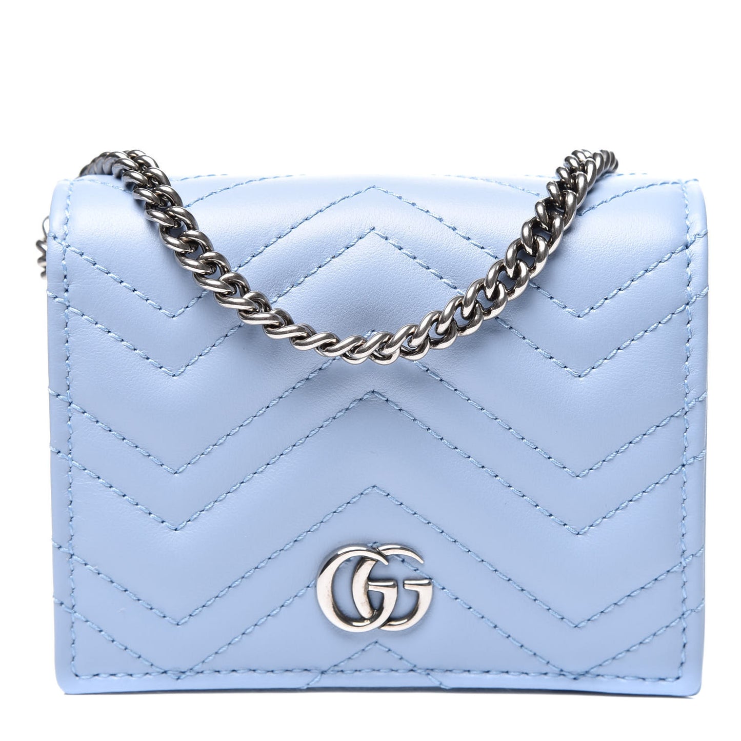 Calfskin Matelasse GG Marmont Mini Wallet On Chain Porcelain Light Blue