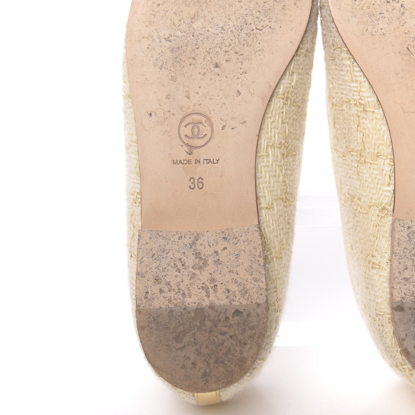 Tweed Metallic Lambskin CC Cap Toe Ballerina Flats 36 Beige Gold