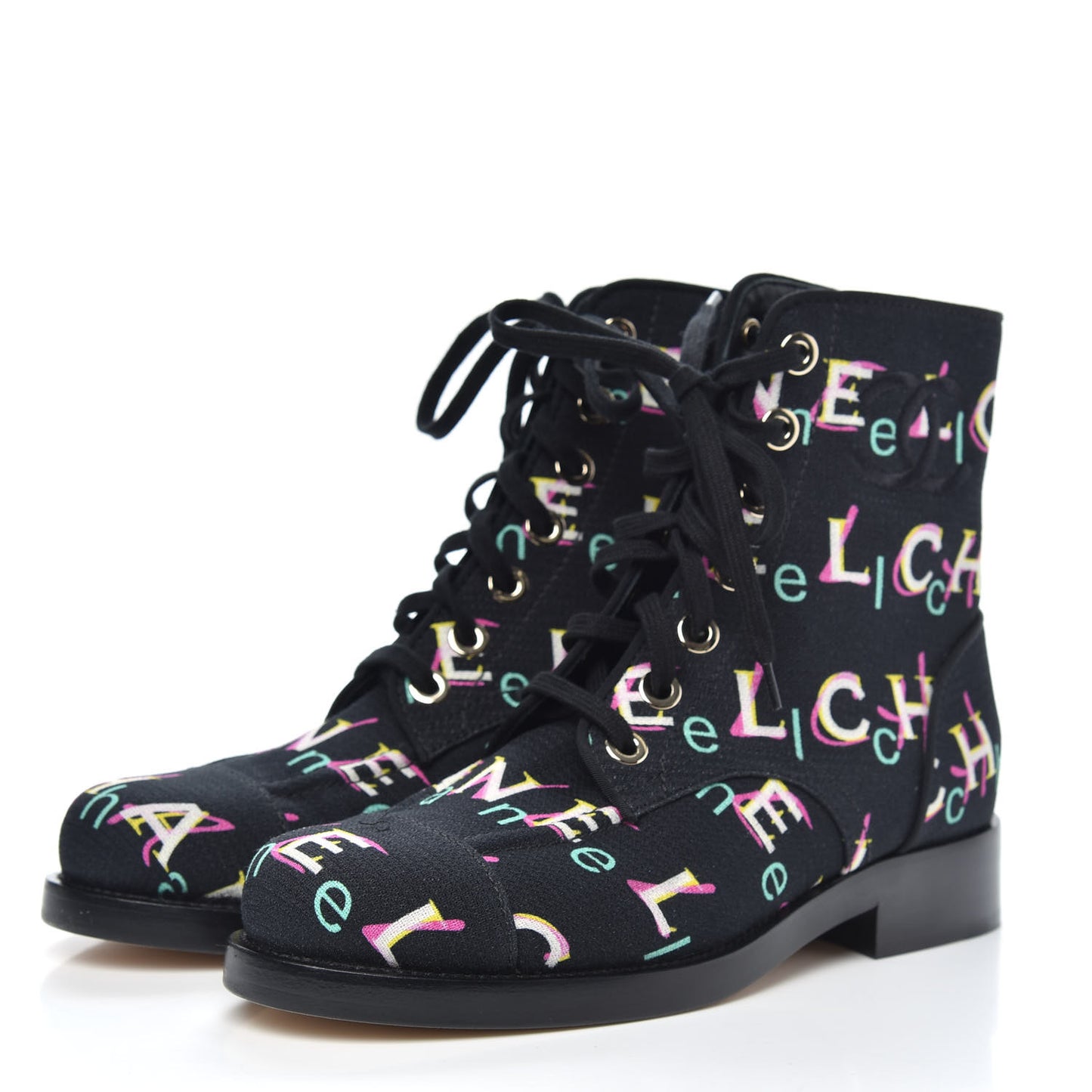 Tweed Lace Up Short Boots 38 Black Ecru Green Red