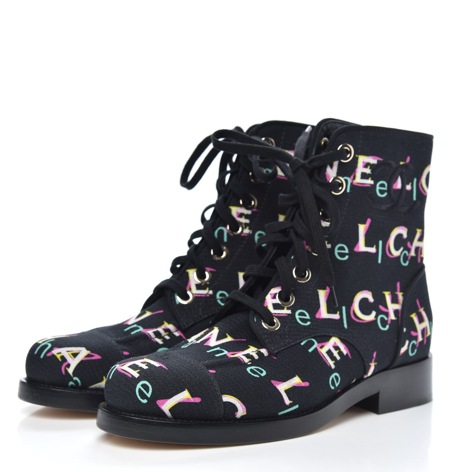 Chanel Tweed Lace Up Short Boots 38 Black Ecru Green Red 3 of 8