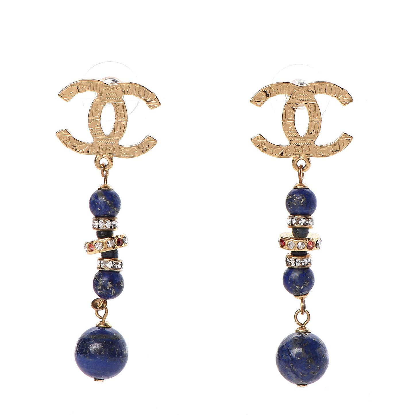Crystal Beaded Nefertiti CC Long Drop Earrings Gold Yellow Blue