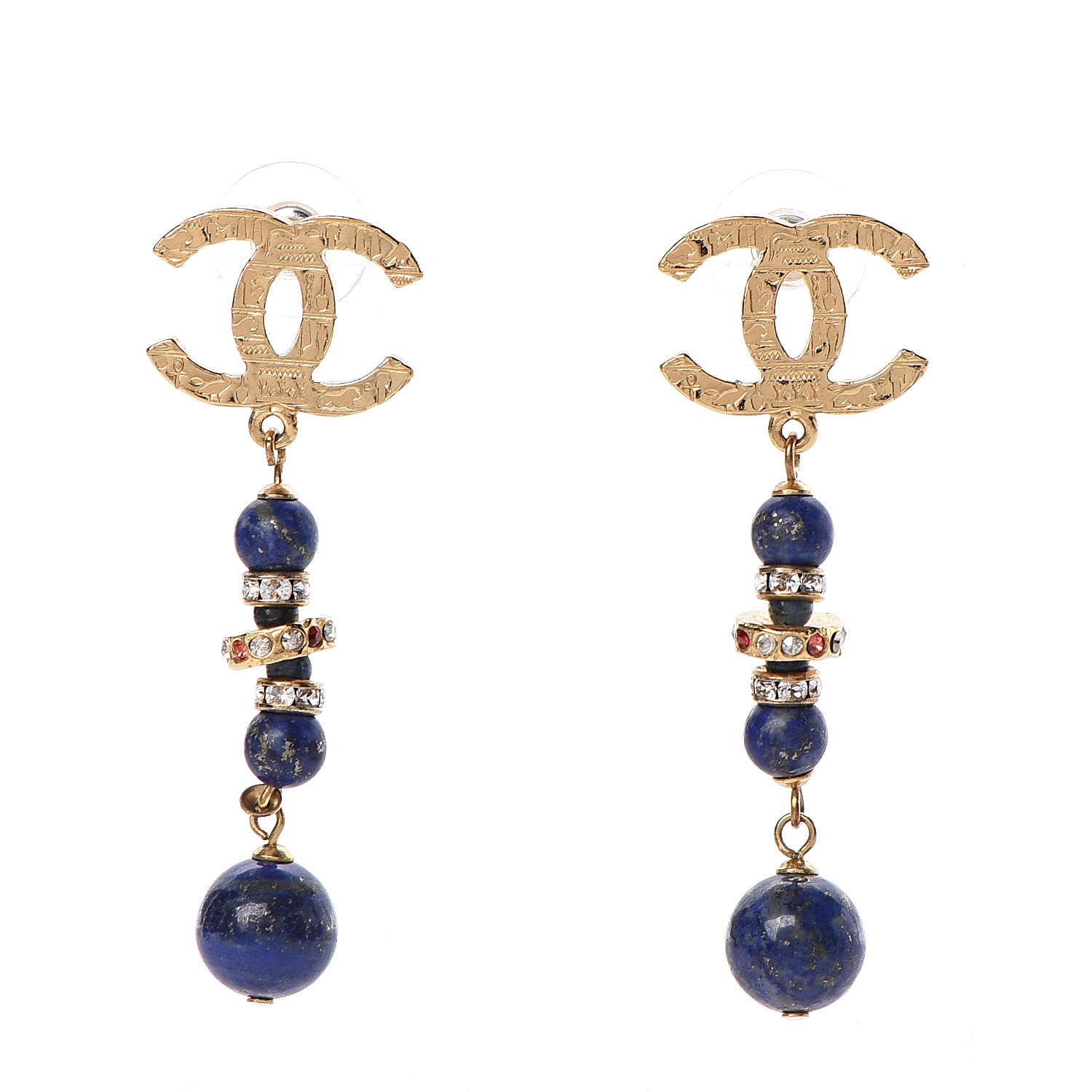 Chanel Crystal Beaded Nefertiti CC Long Drop Earrings Gold Yellow Blue 1 of 5