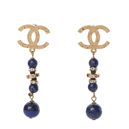 Chanel Crystal Beaded Nefertiti CC Long Drop Earrings Gold Yellow Blue 1 of 5