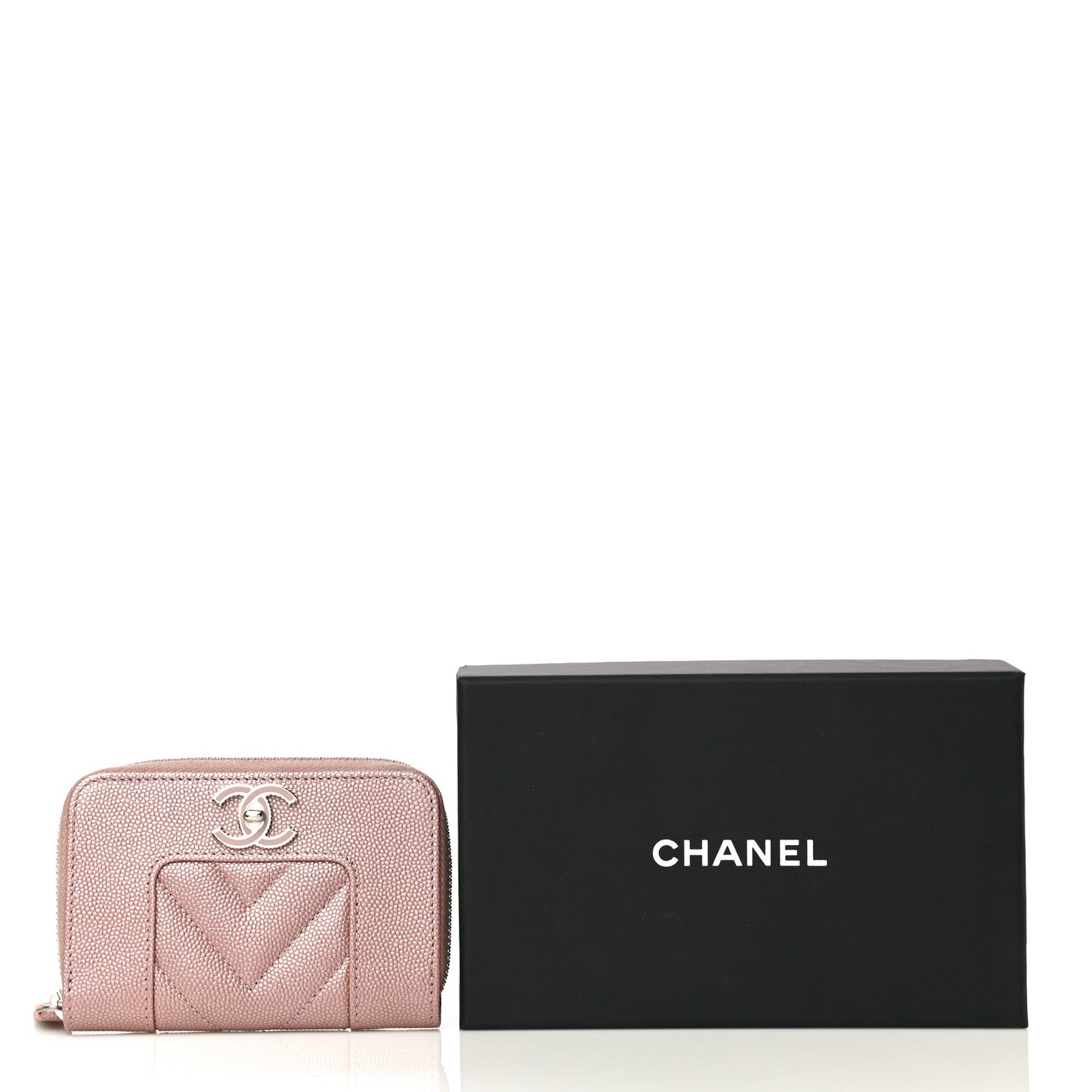 Metallic Caviar Chevron Quilted Vintage Mademoiselle Zip Coin Purse Pink